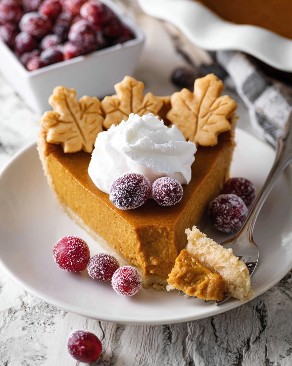 A slice of pumpkin pie is on a white plate placed on a white marbled surface. The pie has two layers: the bottom crust is pale golden and flaky, while the top layer is deep orange with a smooth texture. Three small, decorative leaf-shaped crust pieces in a darker golden-brown color sit on the upper edge of the slice. On top of the pie slice is a dollop of white whipped cream and a few bright red cranberries dusted with white powdered sugar. Around the plate and near the pie are additional cranberries. A silver fork holding a small piece of crust and filling is placed to the right of the pie slice. In the background on the surface, there is a white square bowl filled with more powdered cranberries. photo taken with an iphone --ar 4:5 --v 7