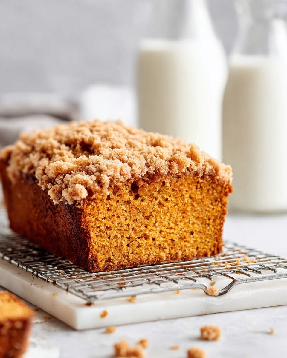 A close-up of a slice of moist, orange-brown cake with a crumbly, light brown streusel topping covering the entire top surface. The cake sits on a silver wire rack placed on a white marble slab, with small crumbs scattered around. In the blurred background, there are two glass bottles filled with white milk against a smooth white marble surface. Photo taken with an iphone --ar 4:5 --v 7