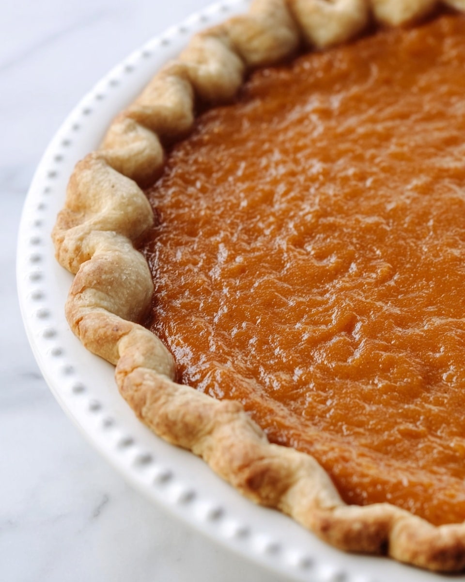 A close-up view of a pie with two main layers: the bottom layer is a light beige crust with a slightly cracked, soft texture and a crimped edge that curves upward, forming the pie's border; the top layer is a smooth, glossy, orange-brown filling that evenly covers the crust and has a slightly uneven surface. The pie sits on a round white plate decorated with small round bumps along the rim, placed against a white marbled surface. Photo taken with an iphone --ar 4:5 --v 7