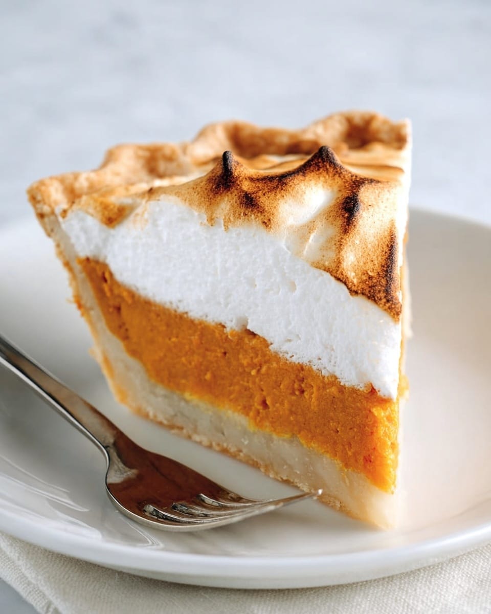 A slice of pie sits on a white plate on a white marbled surface. The pie has three layers: a bottom crust that is light beige and slightly crumbly, a thick middle layer of orange filling with a moist and slightly porous texture, and a top layer of golden brown toast-like topping with some white fluffy parts showing along the edge. Next to the pie slice is a silver fork. Photo taken with an iphone --ar 4:5 --v 7