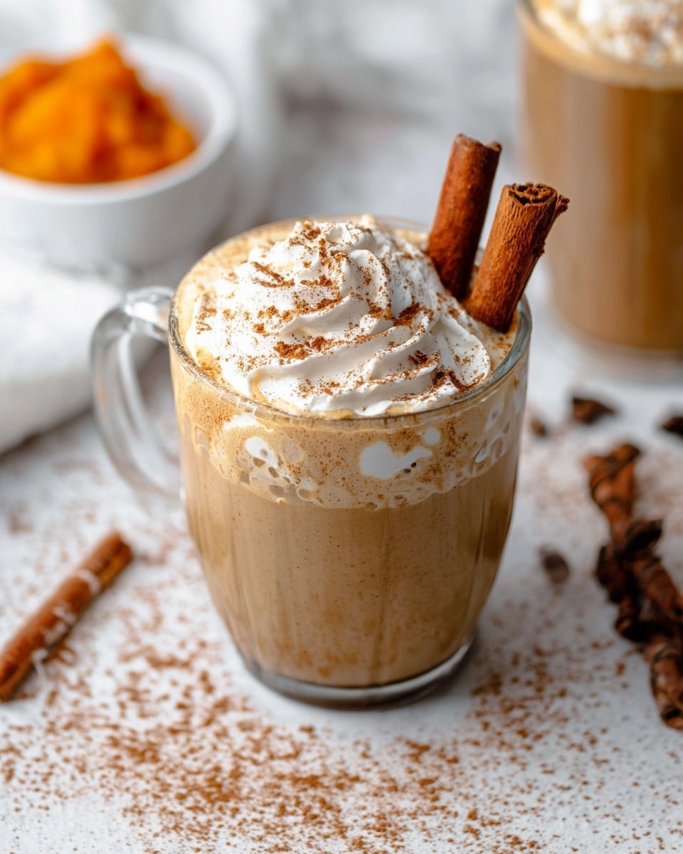 A clear glass mug filled with a creamy light brown latte topped with a large swirl of white whipped cream, sprinkled with light brown cinnamon powder. Two cinnamon sticks stand upright in the drink on the right side. The mug sits on a white marbled surface sprinkled with cinnamon powder. In the background, a white bowl with orange pumpkin puree and a second glass of a similar latte are partially visible. photo taken with an iphone --ar 4:5 --v 7