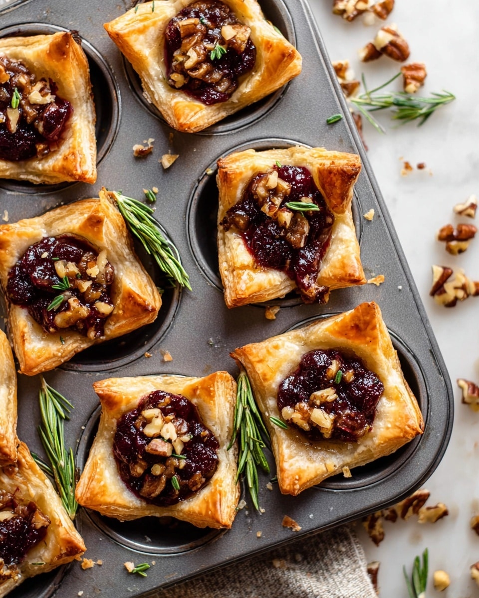 The image shows a close-up of a gray metal muffin tray with six small puff pastries inside. Each pastry has a golden-brown crispy crust that is folded up on the edges, surrounding a deep red, glossy jam center. On top of the jam, there are small pieces of chopped nuts that add texture and light brown color. A few sprigs of fresh green rosemary are placed in some of the pastries, adding a fresh look. The tray is resting on a wire rack above a dark blue cloth with white stripes, all set on a white marbled surface. Photo taken with an iphone --ar 4:5 --v 7