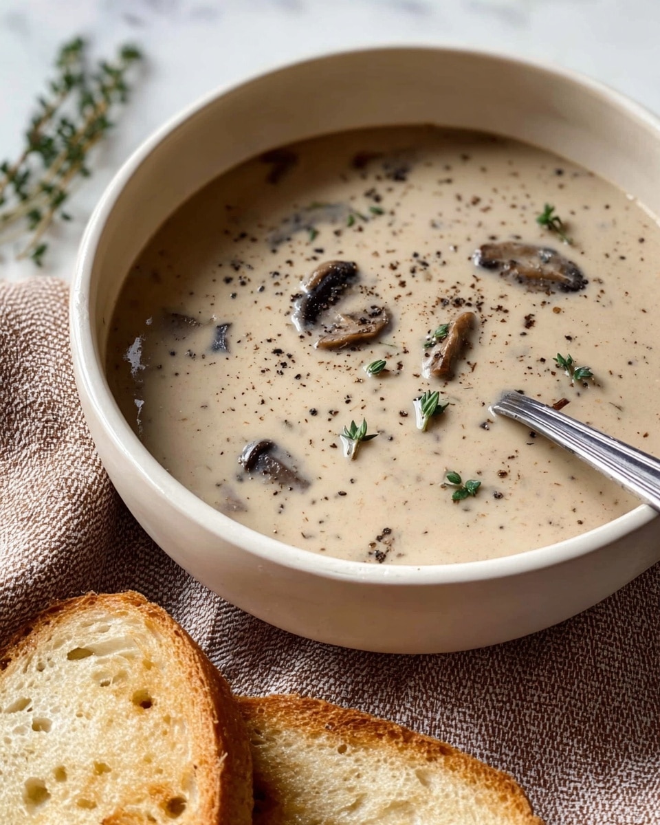A close-up view of a light tan creamy soup with small pieces of dark mushrooms and tiny green herb leaves floating on the surface, sprinkled with ground black pepper; the soup fills a white bowl, placed on a white marbled surface with a soft brown and white textured cloth under part of the bowl; next to the bowl, two slices of toasted bread with a golden crust rest on the surface, accompanied by a small sprig of fresh thyme; a spoon with a silver head and a black handle lies inside the bowl on the right side; photo taken with an iphone --ar 4:5 --v 7