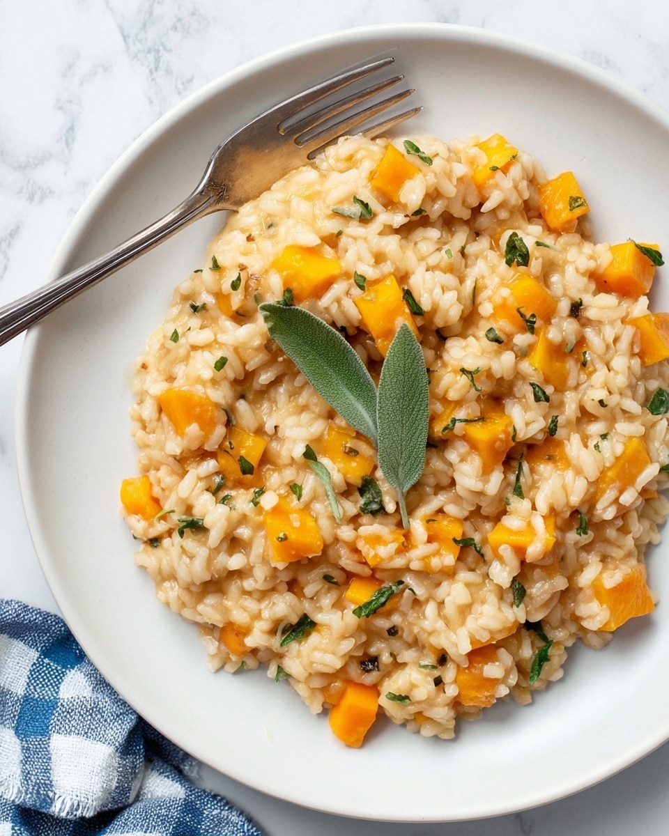 A white plate is filled with creamy risotto that has soft, light brown rice mixed with small bright orange cubes of squash evenly spread throughout. On top, there are a few fresh green sage leaves and small specks of chopped green herbs scattered across the risotto. A silver fork is placed inside the risotto near the top center of the plate, with its handle resting on the plate’s edge. The plate sits on a white marbled surface with a corner of a blue and white checkered cloth napkin visible on the lower left side. photo taken with an iphone --ar 4:5 --v 7