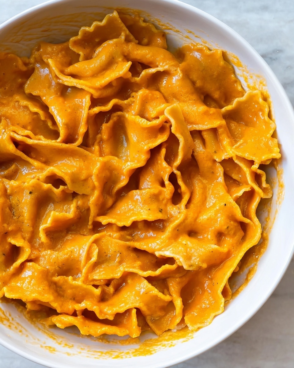 A close-up of a white bowl filled with creamy orange sauce-coated pasta with crinkled edges layered thickly. The pasta looks soft and rich with smooth texture, mixed with whole dark green sage leaves scattered on top. Small bits of red chili flakes and fine white cheese shavings are sprinkled over the pasta, adding detail and contrast. The bowl sits on a white marbled surface, and the photo captures the warmth and creamy look of the dish clearly. Photo taken with an iphone --ar 4:5 --v 7