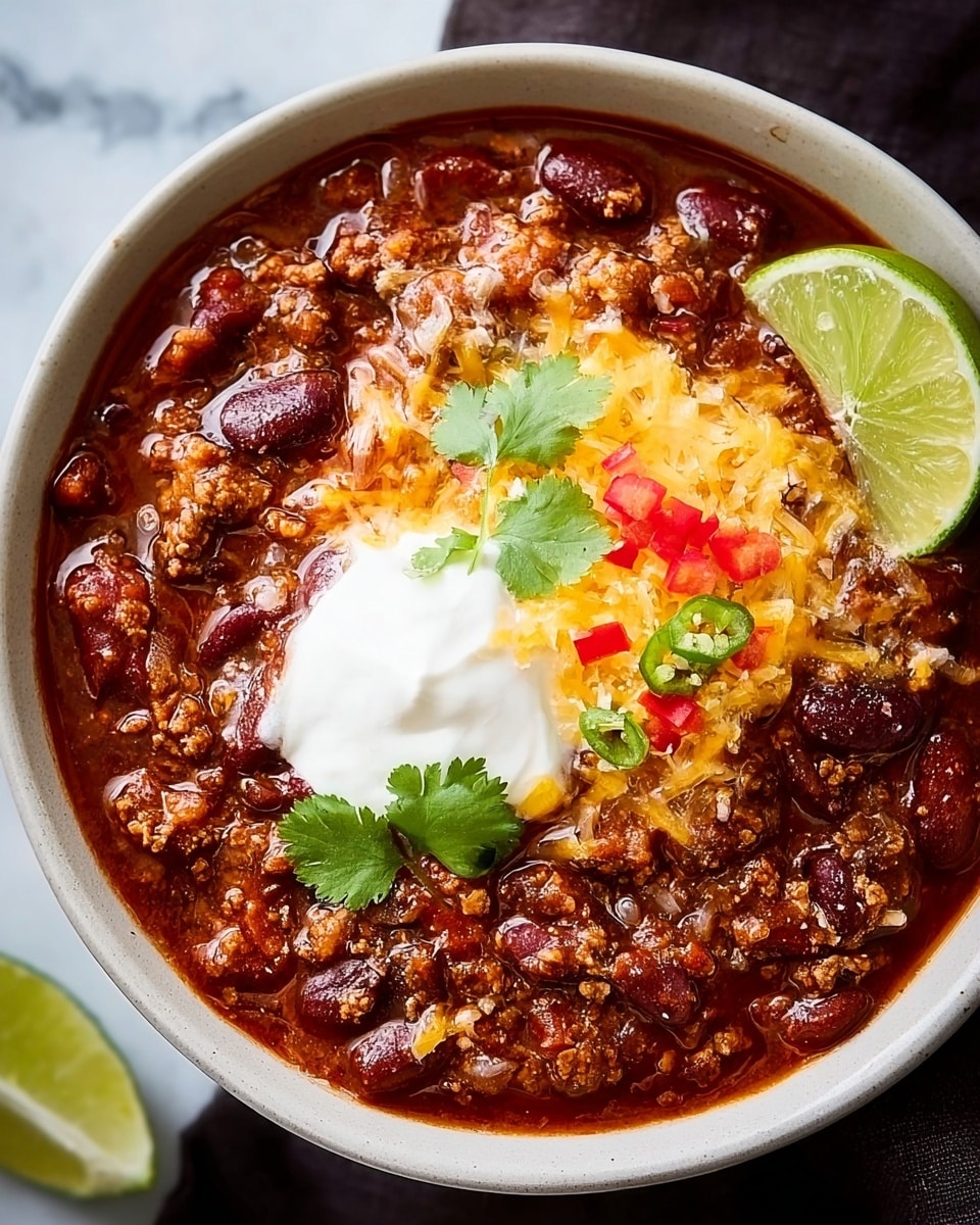 A white bowl filled with thick chili made of beans, ground meat, and tomato sauce, showing a rich dark red and brown color with visible chunks of vegetables; on top there is a bright white dollop of sour cream at the center, sprinkled with melted yellow and white shredded cheese, a few green cilantro leaves, small diced red and green peppers, and a fresh lime slice placed on the side edge of the bowl; the bowl sits on a white marbled surface photo taken with an iphone --ar 4:5 --v 7