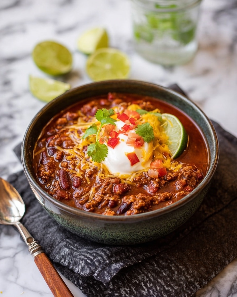 A bowl of thick chili with visible beans and ground meat in a rich dark red sauce fills the bowl almost to the top. The chili is topped with a layer of melted yellow cheese, a dollop of white sour cream, small pieces of red tomato, green cilantro leaves, and a thin round slice of lime placed on the side near the top edge. The bowl is dark with a rustic finish and sits on a dark gray cloth on a white marbled surface. A wooden-handled spoon and fork rest beside the bowl. In the background, there are two lime slices and a clear glass jar. Photo taken with an iphone --ar 4:5 --v 7