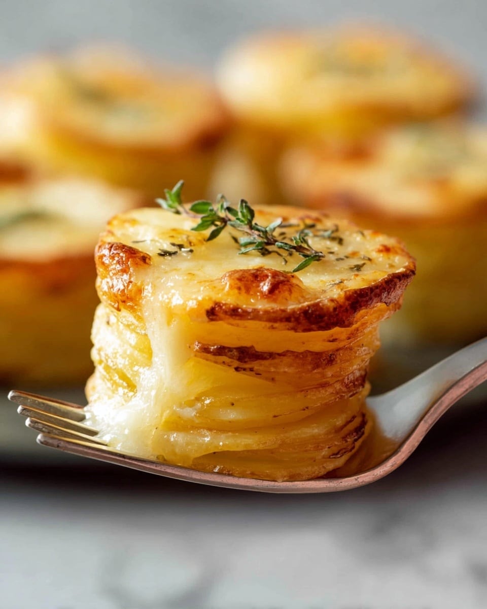 A close-up image of a single small round layered potato stack held on a fork by a woman's hand, each layer golden yellow with a slightly crispy brown edge, topped with a melted pale yellow cheese layer and small green herb sprigs. The background shows similar potato stacks blurred out on a white marbled surface. The soft texture of the melted cheese and the thin, neat layers of potato are clearly visible. Photo taken with an iphone --ar 4:5 --v 7