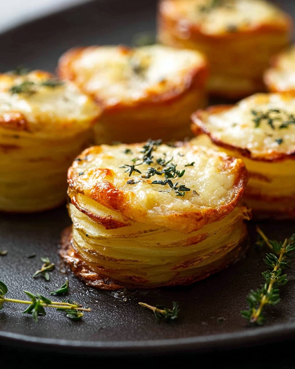 Several small, round stacks of thinly sliced golden potatoes are arranged close together on a dark surface, each stack about three to four layers high. The potatoes are cooked to a light golden brown on the edges with a soft, creamy white top layer melted with cheese, sprinkled with tiny green herb leaves like thyme. The stacks have visible thin layers of potato slices around the sides with a slightly crispy texture. Small sprigs of green herbs are scattered around the stacks on the surface. photo taken with an iphone --ar 4:5 --v 7