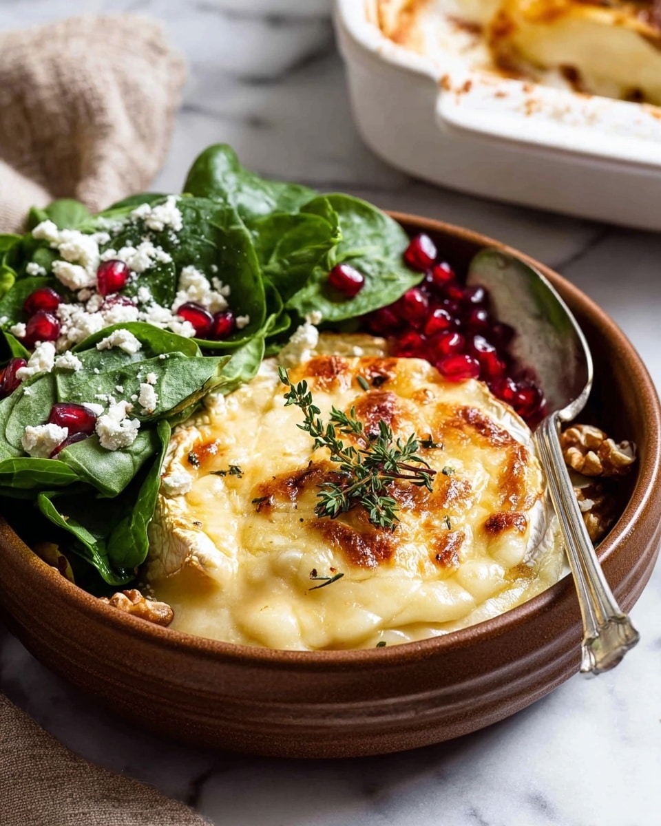 The dish is a creamy potato gratin baked in a white round dish, showing four thick golden brown cheese rounds on top, each topped with small green herb sprigs. The surface has a slightly crispy browned cheese layer with melted cheese bubbling underneath. Several tender, thin potato slices are layered beneath the cheese, visible where a scoop has been taken out with a metal spoon that has a wooden handle, showing the smooth, creamy texture inside. The white marbled surface underneath adds a clean contrast to the warm tones of the gratin. Photo taken with an iphone --ar 4:5 --v 7
