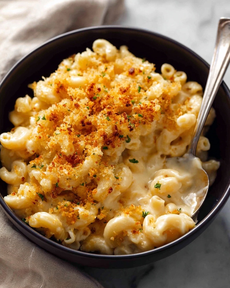 A black bowl filled with creamy macaroni and cheese topped with a layer of golden brown toasted breadcrumbs with small green herb pieces. The cheese sauce is thick and smooth, coating the macaroni pasta fully. A silver spoon is placed inside the bowl, slightly stirring the pasta. The bowl is set on a white marbled surface with a soft cloth in the background. Photo taken with an iphone --ar 4:5 --v 7