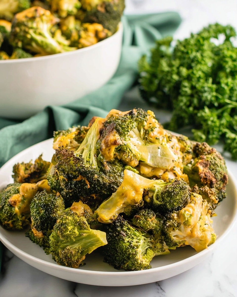 The dish shows a white plate filled with roasted broccoli pieces covered in melted cheese. The broccoli is bright green with some browned, crispy edges from roasting, and the cheese is creamy yellow with a slightly golden, melted texture layered unevenly over the broccoli. In the background, there is another white bowl with more broccoli and a green cloth next to a bunch of fresh parsley, all set on a white marbled surface. photo taken with an iphone --ar 4:5 --v 7