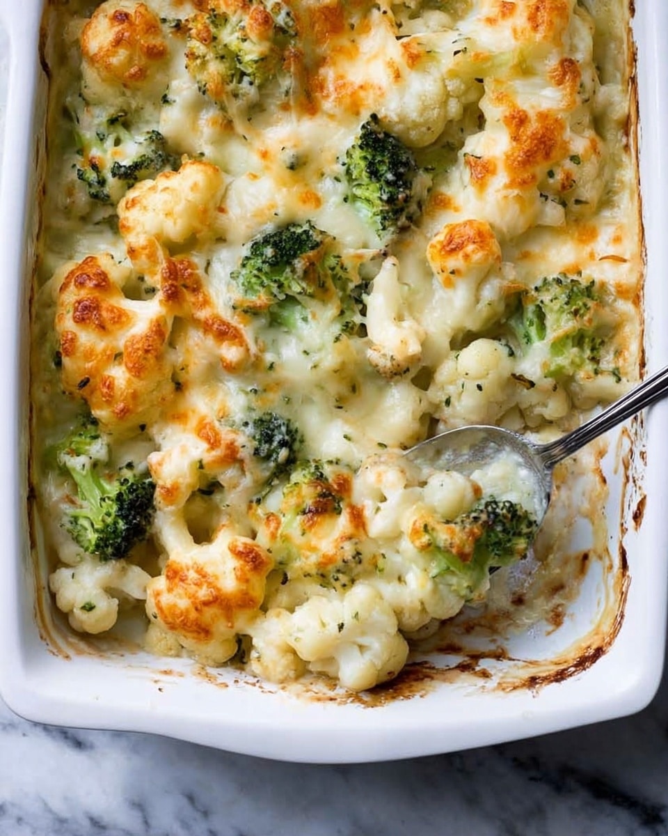The image shows a white square baking dish filled with a creamy casserole made of cauliflower and broccoli florets covered in melted cheese. The top layer is a mix of white, slightly browned cheese with some green broccoli pieces and soft cauliflower chunks visible underneath. The edges of the dish have some browned, baked cheese stains. A metal spoon is touching the dish near the bottom right corner. The dish rests on a white marbled surface. photo taken with an iphone --ar 4:5 --v 7