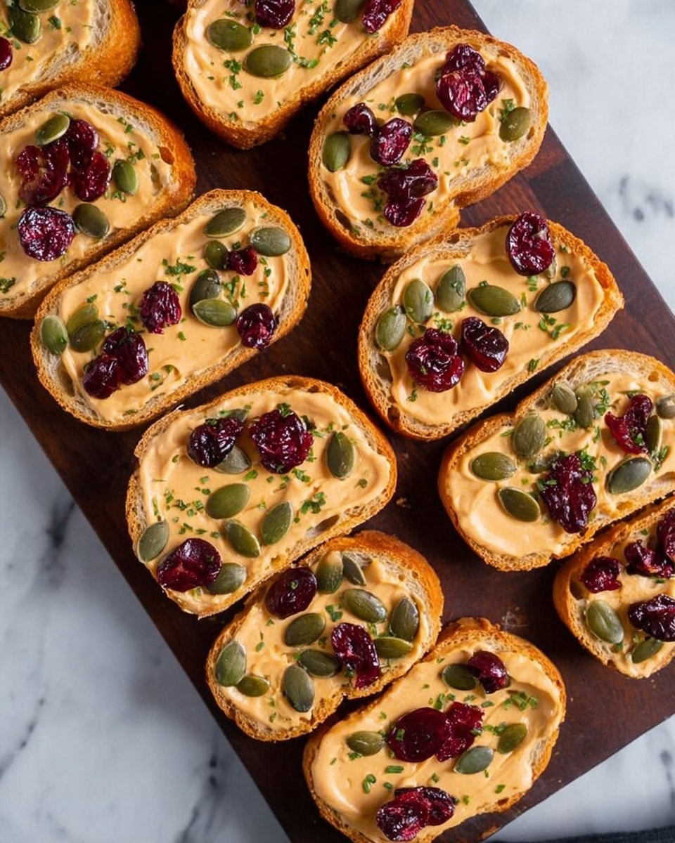 The image shows seven pieces of toasted bread arranged on a dark wooden board with a handle. Each toast has a thick creamy light beige spread, topped with scattered dark red dried cranberries, green pumpkin seeds, and small bits of herbs. Around the toasts and on the white marbled surface are more pumpkin seeds and dried cranberries. On the right side, there is an old silver knife with some of the same creamy spread on it. A piece of white cloth and some sage leaves are partially visible on the white marbled surface. Photo taken with an iphone --ar 4:5 --v 7