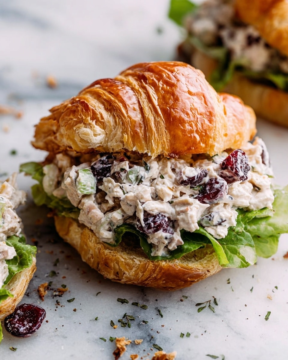 Three small, shiny golden-brown croissant sandwiches sit on white marbled paper. Each croissant is sliced in half, with layers of fresh green lettuce leaves inside. The middle layer is a creamy salad filled with white chunks of chicken, dark dried cranberries, and light bits of walnut. The salad is overflowing slightly from the croissants, showing its thick and creamy texture mixed with small bits. Tiny scattered herbs add a touch of green around the sandwiches on the white marbled surface. photo taken with an iphone --ar 4:5 --v 7