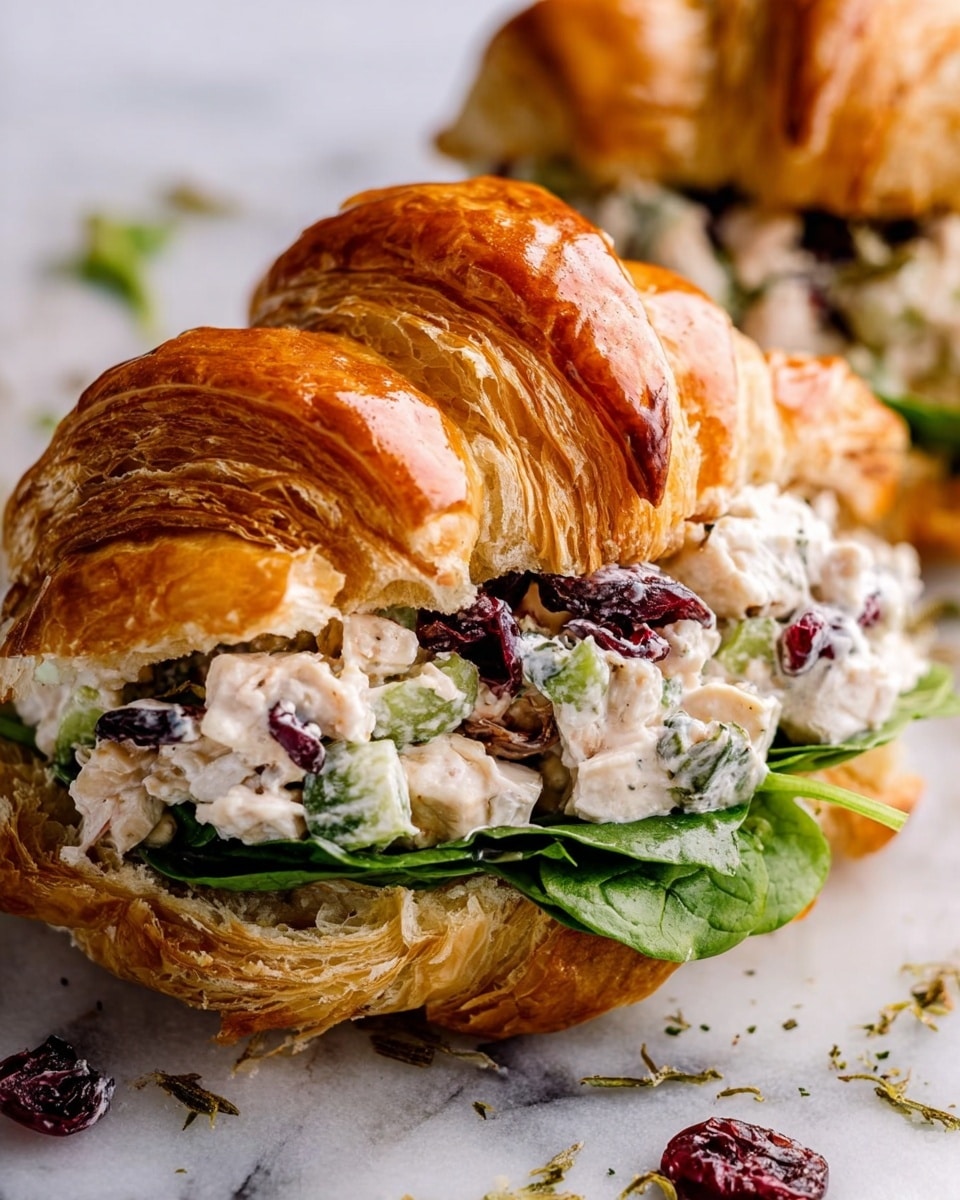 A shiny golden-brown croissant is cut in half, forming the top and bottom layers. Inside, there is a creamy chicken salad mixed with dark red cranberries and light green celery bits, creating a soft texture with pops of color. Under the chicken salad, fresh green leafy lettuce adds a vibrant contrast. The sandwich sits on a white marbled surface with small herb sprinkles around, giving a fresh and appetizing look. Photo taken with an iphone --ar 4:5 --v 7