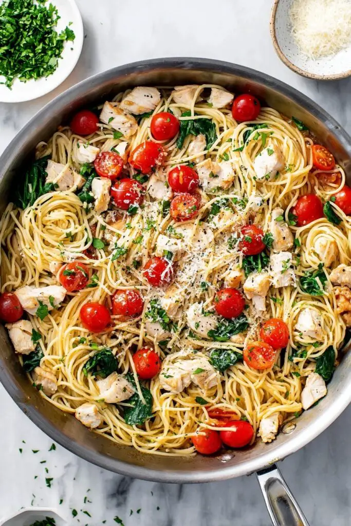 Creamy Lemon Garlic Chicken Scampi with Spinach and Cherry Tomatoes Recipe