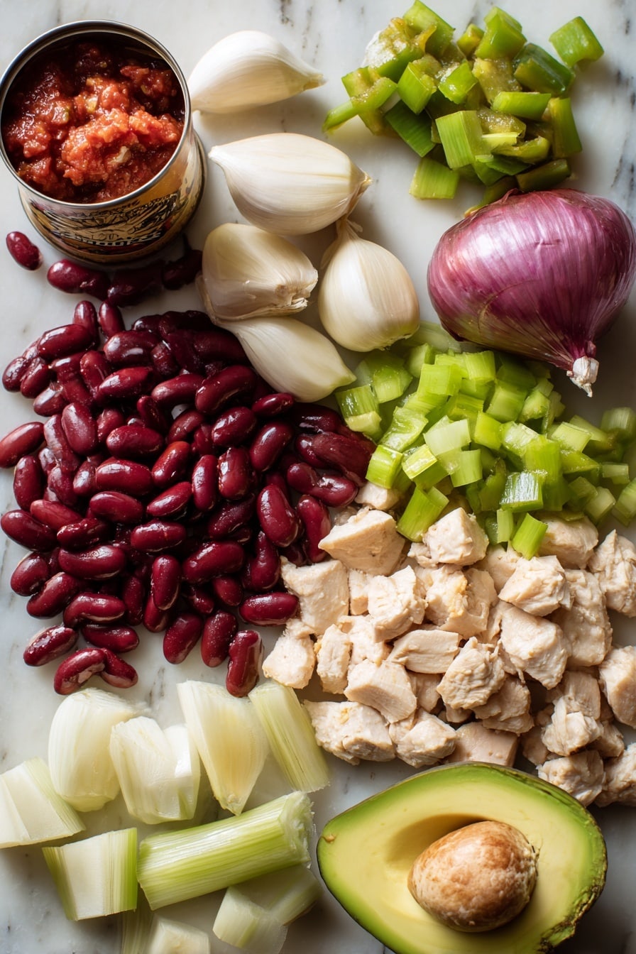 Flat lay of fresh garlic cloves with smooth white skins, a small diced bright green bell pepper, a medium onion showing off its crisp white and purple layers, ripe deep red crushed tomatoes spilling from an open can, plump glossy pinto beans in rich chili sauce, shiny kidney beans with a dark red hue, tender chopped leftover turkey pieces with a light golden-brown texture, vibrant green sliced scallions, and a halved creamy avocado showcasing its pale green flesh, arranged naturally with some spilling over and overlapping, placed on white marbled surface, photo taken with an iphone --ar 2:3 --v 7 - Leftover Turkey Chili, quick turkey chili, easy leftover turkey recipes, hearty Turkey chili, 30-minute chili recipe
