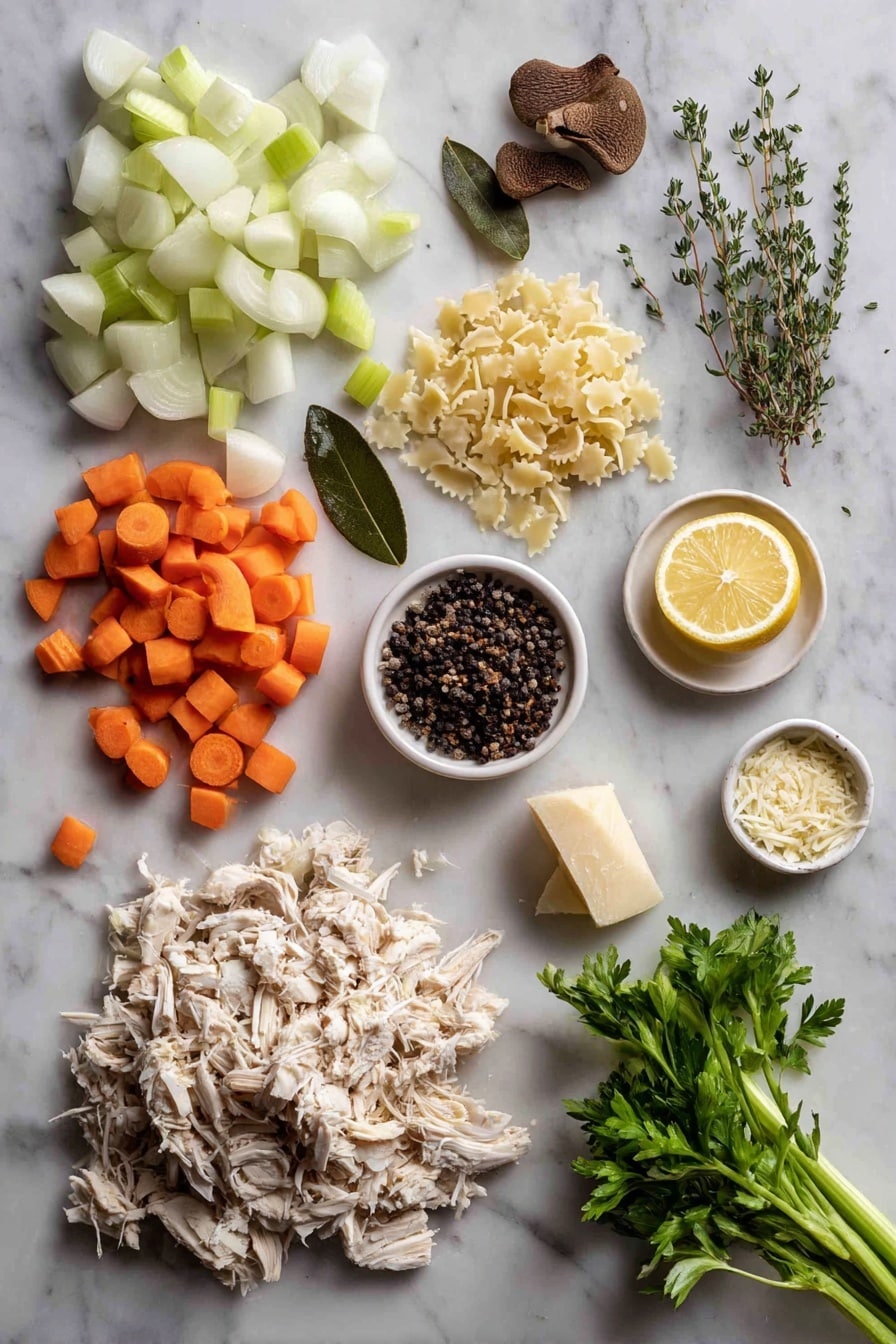 Flat lay of two medium diced onions with half finely chopped, four carrots split between large chunks and small diced pieces, four celery stalks cut into large and small chunks, a small pile of dried porcini mushrooms, a single bay leaf, four sprigs of fresh thyme, a small mound of parmesan rind pieces, one pressed garlic clove, a small bowl of stelline pasta, a modest heap of shredded cooked chicken, a lemon with zest and wedges, and a small bunch of fresh parsley, all placed on a white marble surface, photo taken with an iphone --ar 2:3 --v 7 - Parmesan Chicken Pastina Soup, Italian chicken soup recipe, cheesy chicken noodle soup, comforting pasta soup, easy homemade chicken soup
