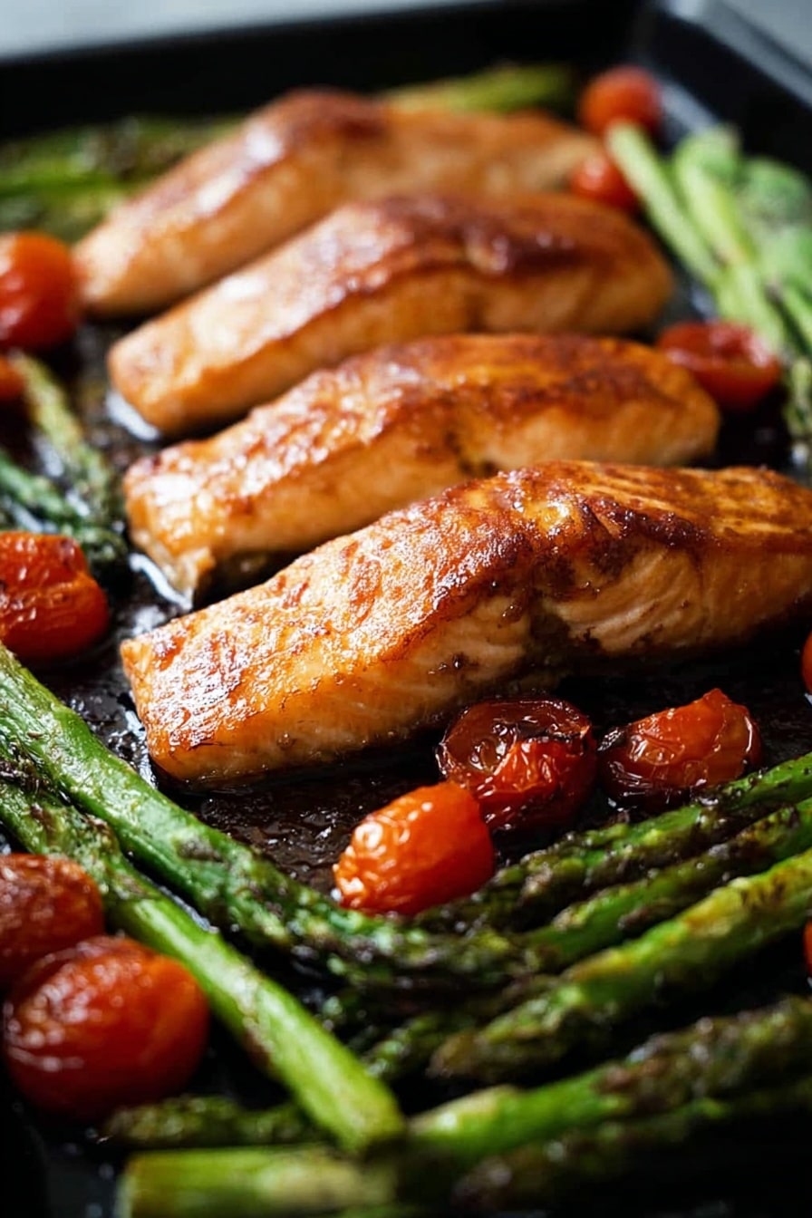 The image shows four golden brown cooked salmon fillets laid side by side on a black tray. The salmon has a shiny, slightly crisp surface. Around the fillets are roasted bright green asparagus stalks with some tips slightly charred. Small, round red cherry tomatoes are scattered throughout the tray, some whole and some lightly softened. The background is out of focus, putting the focus on the salmon and vegetables. photo taken with an iphone --ar 2:3 --v 7 - Brown Sugar Broiled Salmon with Roasted Asparagus and Cherry Tomatoes, baked salmon with sweet glaze, healthy salmon dinner, easy weeknight salmon recipe, caramelized salmon and veggies