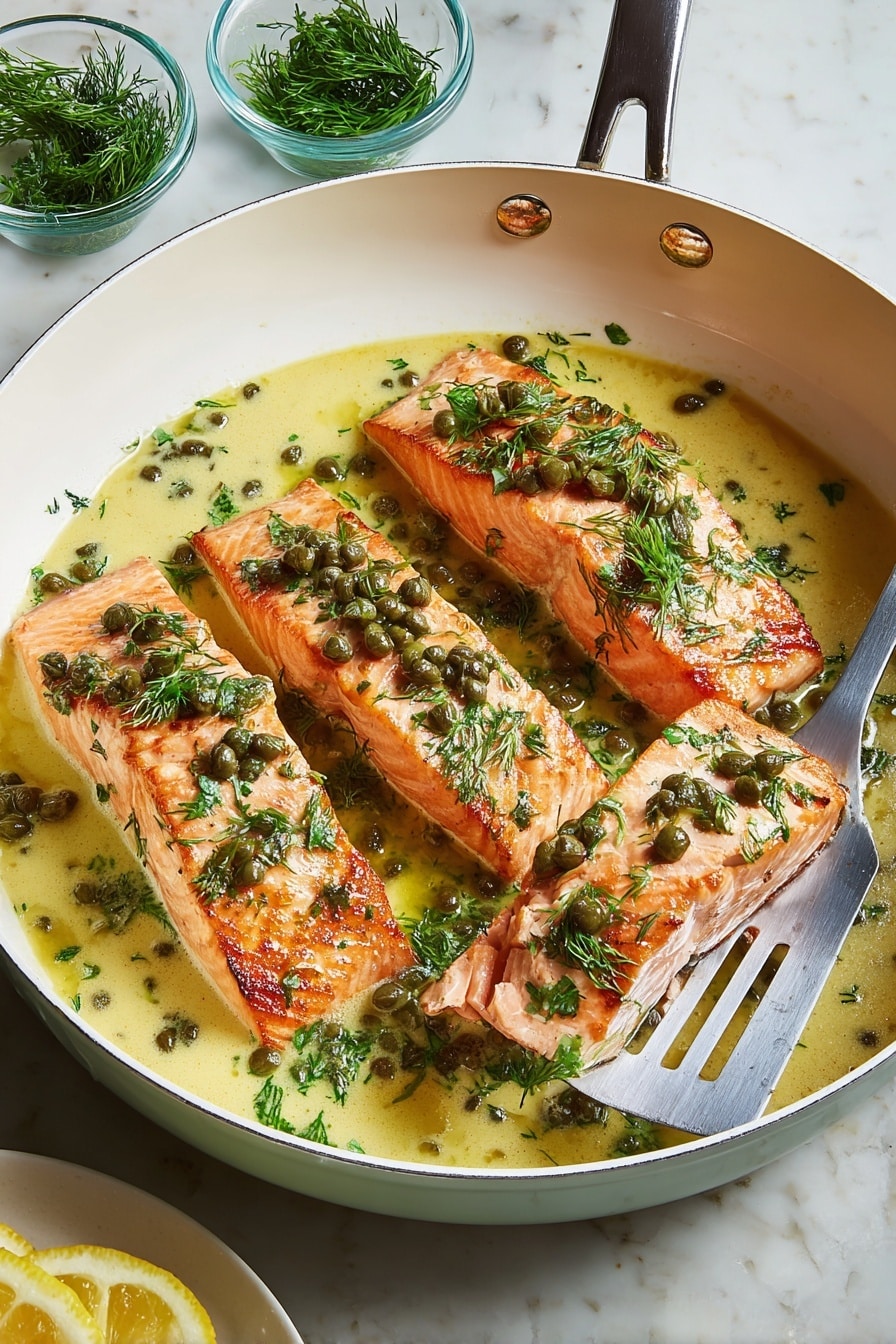 Four pieces of cooked salmon with a pink-orange color and slightly crispy edges sit in a white pan filled with light yellow creamy sauce mixed with green herbs and small dark green capers. Each salmon piece is topped with chopped fresh green parsley and dill. One piece of salmon is being lifted by a silver metal spatula on the right side. The pan is on a white marbled surface, and near the top left corner, there are two small glass bowls—one with green dill and another with capers. In the bottom left corner, there are some lemon wedges on a white plate. photo taken with an iphone --ar 2:3 --v 7 - Salmon Piccata, Salmon Piccata recipe, easy salmon dinner, lemon salmon skillet, quick seafood recipes