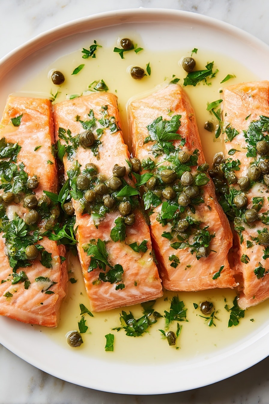 Four pieces of cooked salmon with a light orange color and soft texture are arranged side by side on a white plate. Each salmon piece is topped with bright green herbs and small dark green capers. The plate has a light sauce that is pale yellow with green flecks from the herbs, spreading between and around the salmon pieces. The background is a white marbled surface. photo taken with an iphone --ar 2:3 --v 7 - Salmon Piccata, Salmon Piccata recipe, easy salmon dinner, lemon salmon skillet, quick seafood recipes