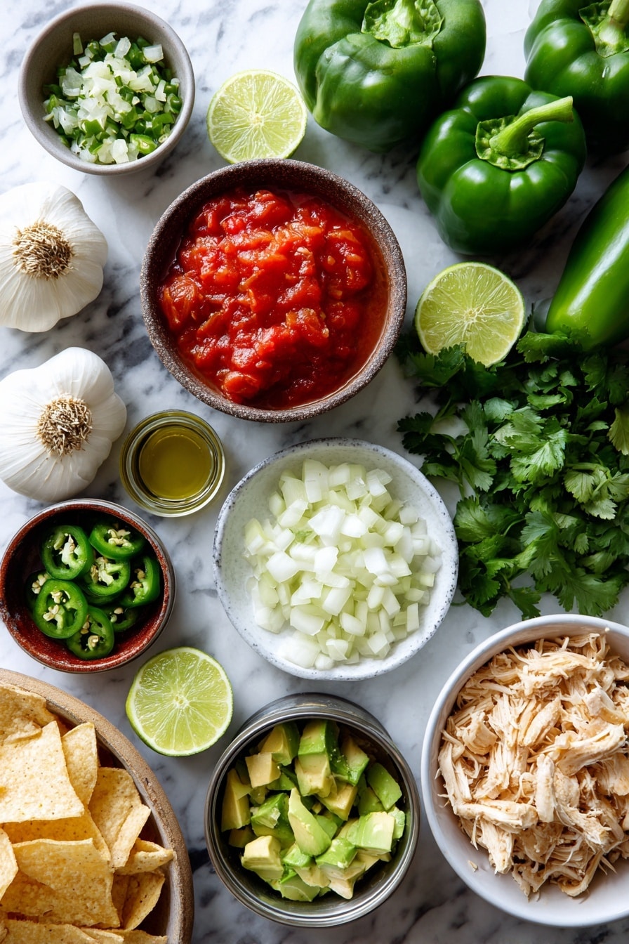 Flat lay of two medium green bell peppers, one whole white onion diced into small pieces in a small bowl, a small bowl of finely diced jalapeños from about two peppers, six peeled garlic cloves scattered, two drained cans of fire roasted tomatoes in rustic bowls, a small bunch of fresh cilantro leaves, several lime wedges and a small cup of freshly squeezed lime juice, a bowl of shredded cooked chicken, and a handful of tortilla chips and cubed avocado nearby for garnish, all placed on a white marble surface, photo taken with an iphone --ar 2:3 --v 7 - Sopa de Lima, Yucatecan lime soup, Mexican lime soup, easy Sopa de Lima, authentic Sopa de Lima recipe