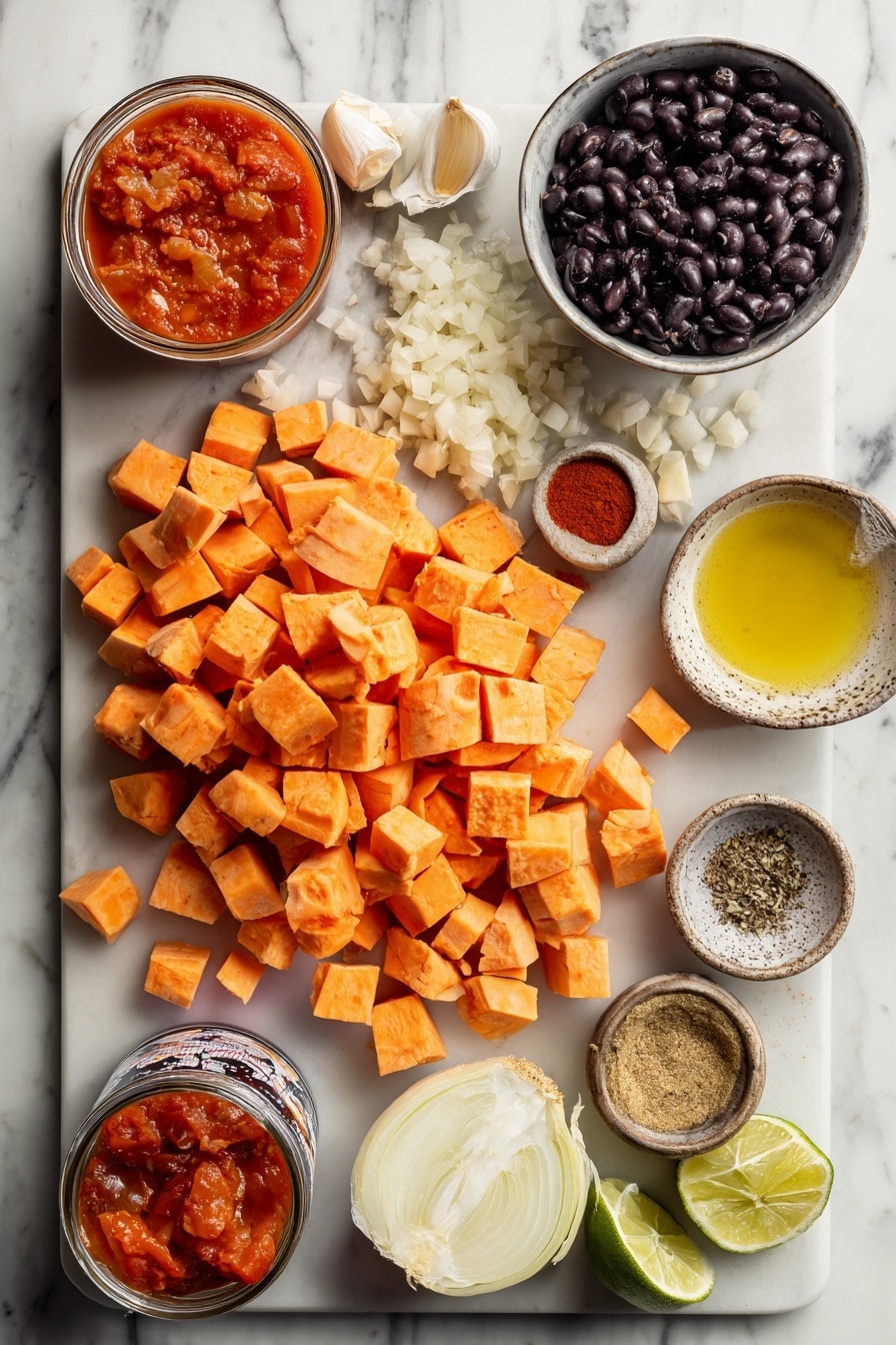 Flat lay of a medium-sized pile of peeled and cubed sweet potatoes, one large chopped onion, three garlic cloves, a small piece of peeled ginger root finely chopped, a small bowl of olive oil, two teaspoons of paprika, a teaspoon of cumin in a small dish, one can of black beans with some beans spilled out, one can of fire roasted tomatoes with tomatoes visible, a bowl of vegetable broth, and half a fresh lime cut into wedges placed on a white marble surface, photo taken with an iphone --ar 2:3 --v 7 - Sweet Potato Black Bean Soup Ginger Lime, vegan black bean soup with sweet potatoes, nourishing vegan soup recipes, hearty plant-based soups, easy spicy veggie soup