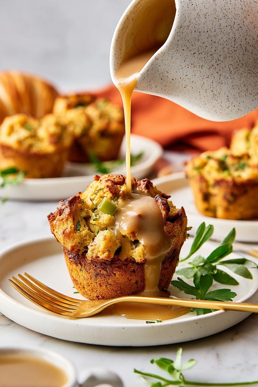 A golden-brown, crispy bread muffin sits in the center of a white plate with a smooth brown gravy being poured over it from a white, speckled ceramic pitcher above, the gravy slowly dripping down the sides and pooling slightly at the base. The muffin shows textured chunks of bread with herbs and small green vegetable pieces visible. A gold fork rests diagonally on the plate next to the muffin. A few fresh green herb leaves are placed near the fork. In the blurry background, there are more bread muffins on another white plate, a pale yellow croissant, and an orange cloth on a white marbled surface. Photo taken with an iphone --ar 2:3 --v 7 - Crispy-Edged Stuffing Muffins, Stuffins, Thanksgiving stuffing ideas, holiday side dishes, easy stuffing muffins