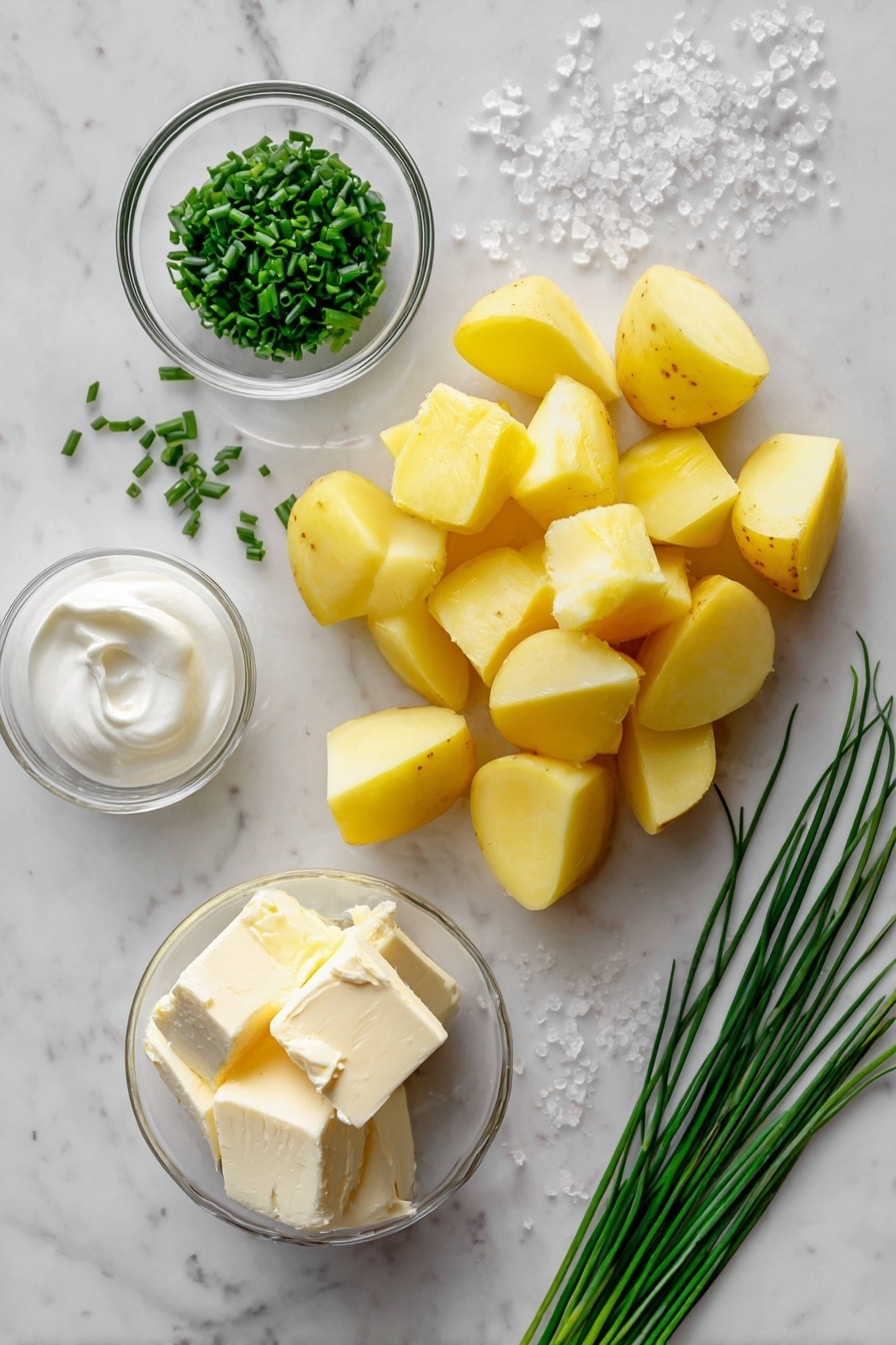 Flat lay of peeled Yukon Gold potatoes cut into chunks, creamy unsalted butter blocks, a small glass bowl of whole buttermilk, fresh bright green chopped chives scattered artistically, coarse kosher salt crystals, and a few whole chives laid out, placed on a white marble surface, photo taken with an iphone --ar 2:3 --v 7 - Buttermilk Mashed Potatoes, creamy mashed potatoes, tangy potato side dish, easy mashed potato recipe, comfort food side dishes