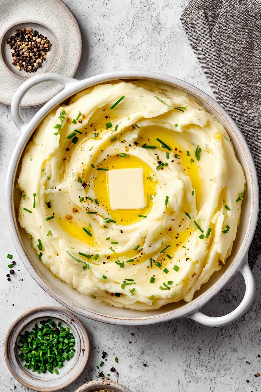 A round white bowl with two small handles holds creamy mashed potatoes swirled in soft peaks. On top, a small square of melting butter sits in the center, surrounded by a pool of bright yellow melted butter. Small chopped green chives are scattered evenly across the surface, along with a few black pepper flakes. The bowl rests on a white marbled surface next to a grey cloth napkin, and nearby are small dishes with more chives and cracked black pepper. Photo taken with an iphone --ar 2:3 --v 7 - Buttermilk Mashed Potatoes, creamy mashed potatoes, tangy potato side dish, easy mashed potato recipe, comfort food side dishes