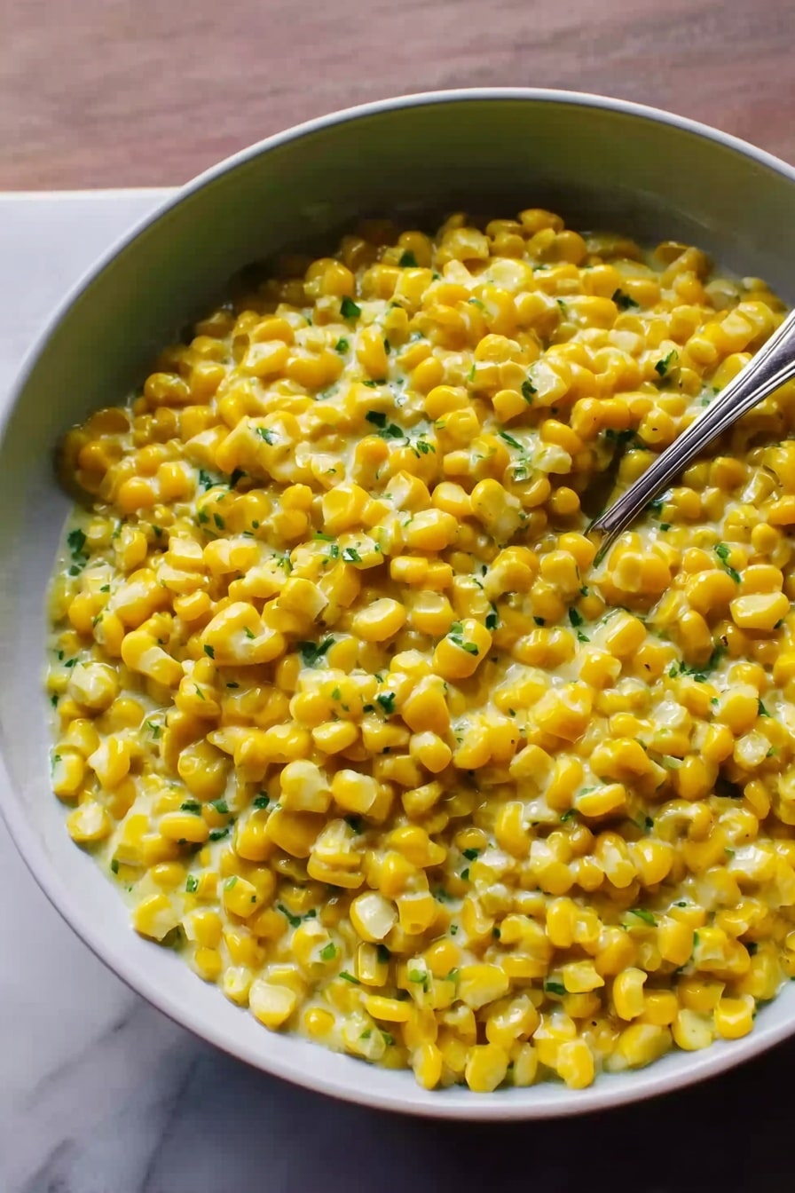 A close-up of a white bowl filled with creamy yellow corn kernels mixed with small bits of green herbs. The creamy sauce appears smooth and thick, covering the corn evenly in a single layer. A silver spoon rests inside the bowl on the right side, and the bowl sits on a white marbled surface. Photo taken with an iphone --ar 2:3 --v 7 - Cilantro-Lime Creamed Corn, Instant Pot Corn Side Dish, Easy Creamed Corn Recipe, Summertime Corn Recipes, Quick Vegetable Side