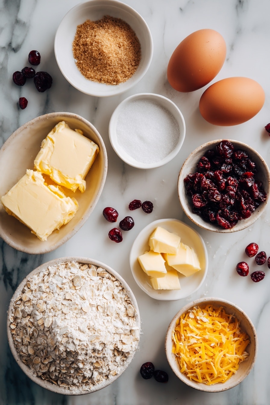Flat lay of softened butter, granulated sugar, brown sugar, large eggs, vanilla beans, all-purpose flour, quick cooking oats, bright orange zest, and plump dried cranberries beautifully arranged in small piles and scattered clusters, placed on a white marble surface, photo taken with an iphone --ar 2:3 --v 7 - Cranberry Orange Oatmeal Cookies, Cranberry Orange Cookies, Easy Oatmeal Cookie Recipe, Chewy Holiday Cookies, Citrus Cranberry Cookies