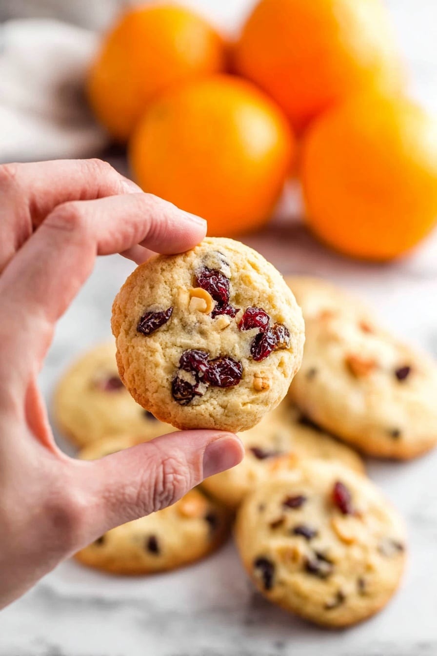 A close-up view of a woman's hand holding a single round cookie that is light golden in color with visible dark red dried fruit pieces and bits of nuts mixed inside. Below the hand, there is a white surface with several more similar cookies scattered and slightly overlapping each other. In the blurred background, three whole bright orange fruits are arranged together. The whole scene is set against a white marbled surface. photo taken with an iphone --ar 2:3 --v 7 - Cranberry Orange Oatmeal Cookies, Cranberry Orange Cookies, Easy Oatmeal Cookie Recipe, Chewy Holiday Cookies, Citrus Cranberry Cookies