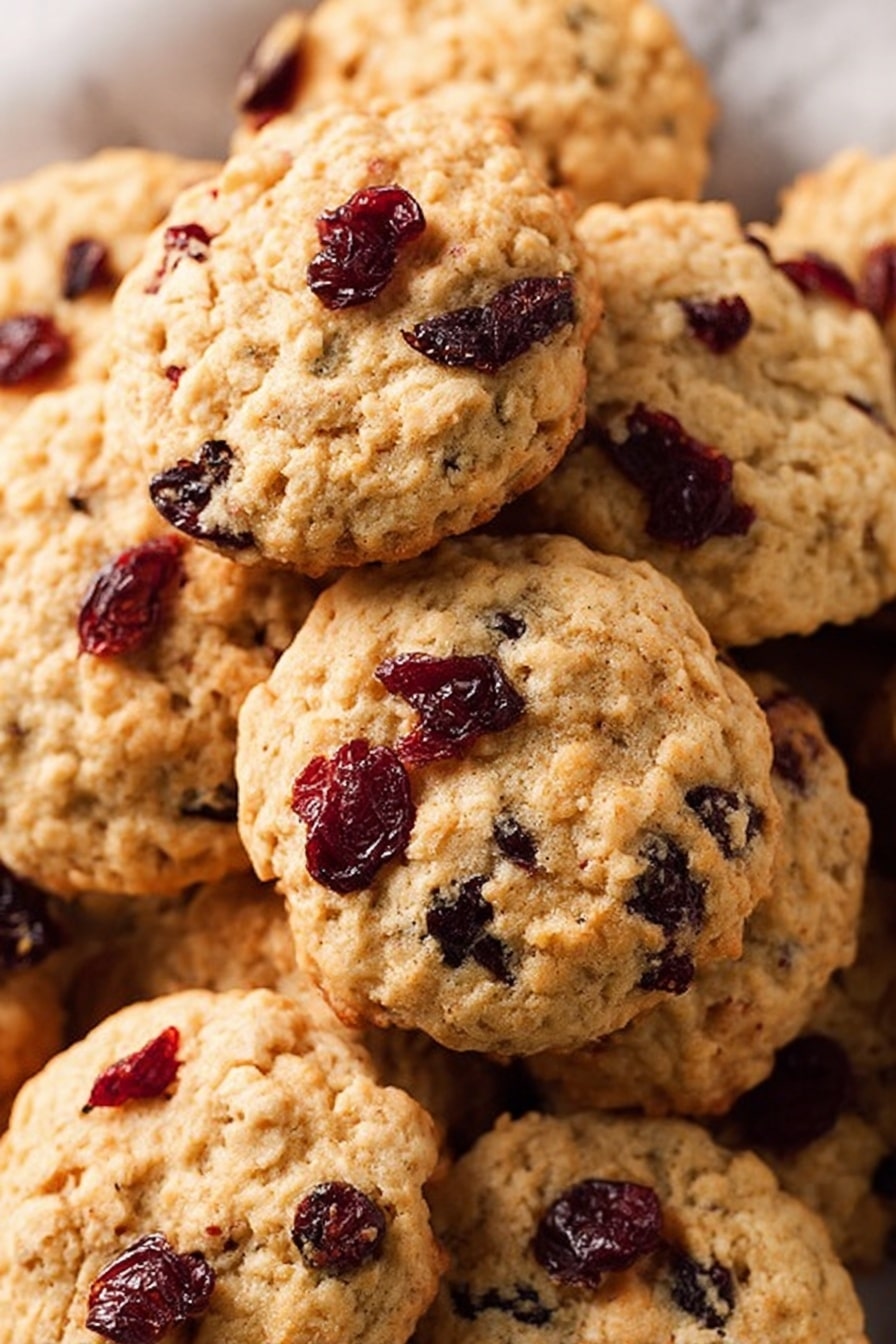 A pile of soft oatmeal cookies with visible dark red dried cranberries mixed throughout each cookie, showing a light golden brown color with a slightly rough texture on top. The cranberries are scattered both on the surface and inside the cookies, adding contrast with their deep red color. The cookies are stacked closely on a white marbled background, filling the frame with a cozy and inviting look. Photo taken with an iphone --ar 2:3 --v 7 - Cranberry Orange Oatmeal Cookies, Cranberry Orange Cookies, Easy Oatmeal Cookie Recipe, Chewy Holiday Cookies, Citrus Cranberry Cookies