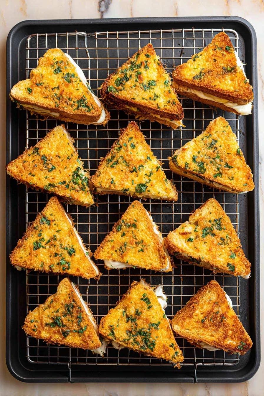 The image shows eleven triangular pieces of crispy, golden-brown sandwiches arranged on a black wire rack over a black baking tray. Each sandwich has a crunchy outer layer with green herb bits scattered on top, giving a textured look. Inside, you can see a creamy white filling peeking out between the two crispy layers. The sandwiches are evenly spaced, and the tray is placed on a white marbled surface. The overall look highlights the crunchy, toasted texture and the fresh green herbs on each sandwich. photo taken with an iphone --ar 2:3 --v 7 - Mozzarella en Carrozza, Italian fried sandwich, crispy mozzarella sandwich, cheesy Italian snack, easy mozzarella appetizer