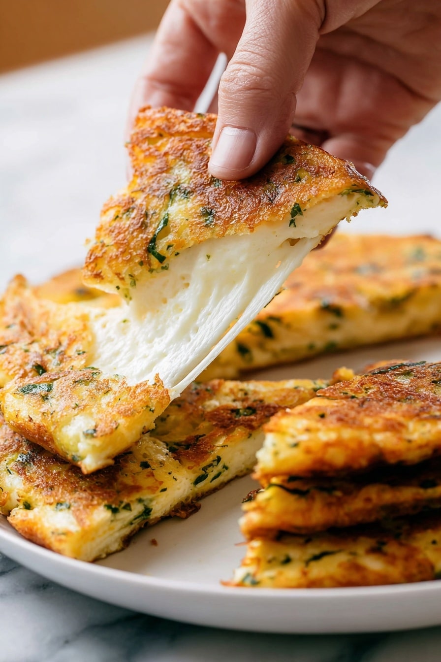 A close-up of a woman's hand pulling apart a crispy, golden-brown pancake with green herbs baked into the surface, revealing a thick, stretchy white cheese layer inside. The pancake has a rough textured outer layer with visible flecks of green herbs. In the background, several similar pancakes are stacked on a white plate, all showing a mixture of golden and green colors with a slightly uneven surface. The scene is set on a white marbled texture. photo taken with an iphone --ar 2:3 --v 7 - Mozzarella en Carrozza, Italian fried sandwich, crispy mozzarella sandwich, cheesy Italian snack, easy mozzarella appetizer