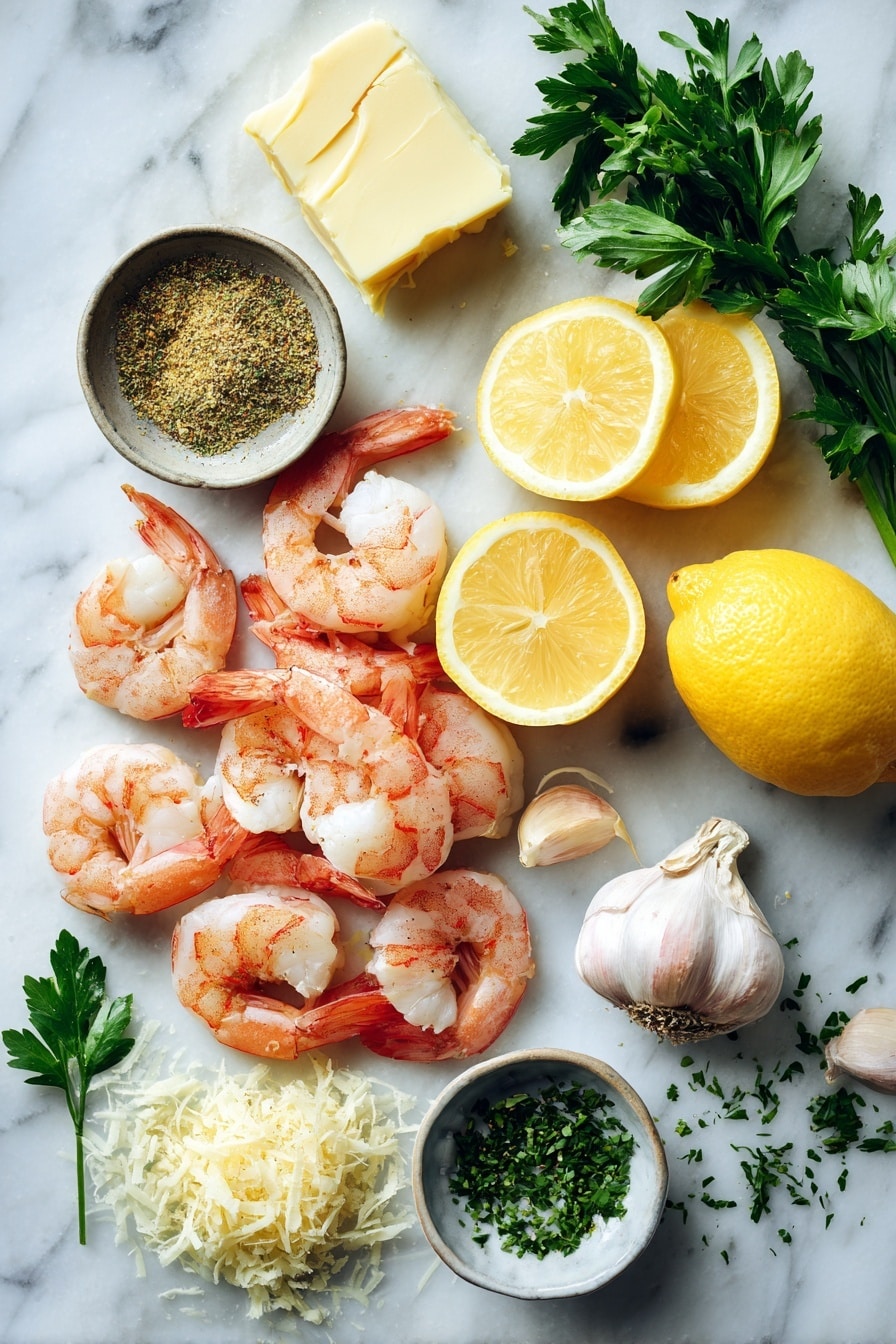 Flat lay of raw peeled shrimp, fresh lemon halves and lemon zest, whole garlic cloves and minced garlic, a small mound of grated parmesan cheese, a pat of butter, sprigs of fresh parsley, and a small bowl of Italian seasoning, all beautifully arranged with vibrant colors and natural lighting, placed on a white marble surface, photo taken with an iphone --ar 2:3 --v 7 - Creamy Lemon Garlic Parmesan Shrimp, Lemon Garlic Parmesan Shrimp, Easy Shrimp Dinner, Quick Seafood Recipes, Flavorful Shrimp Recipes