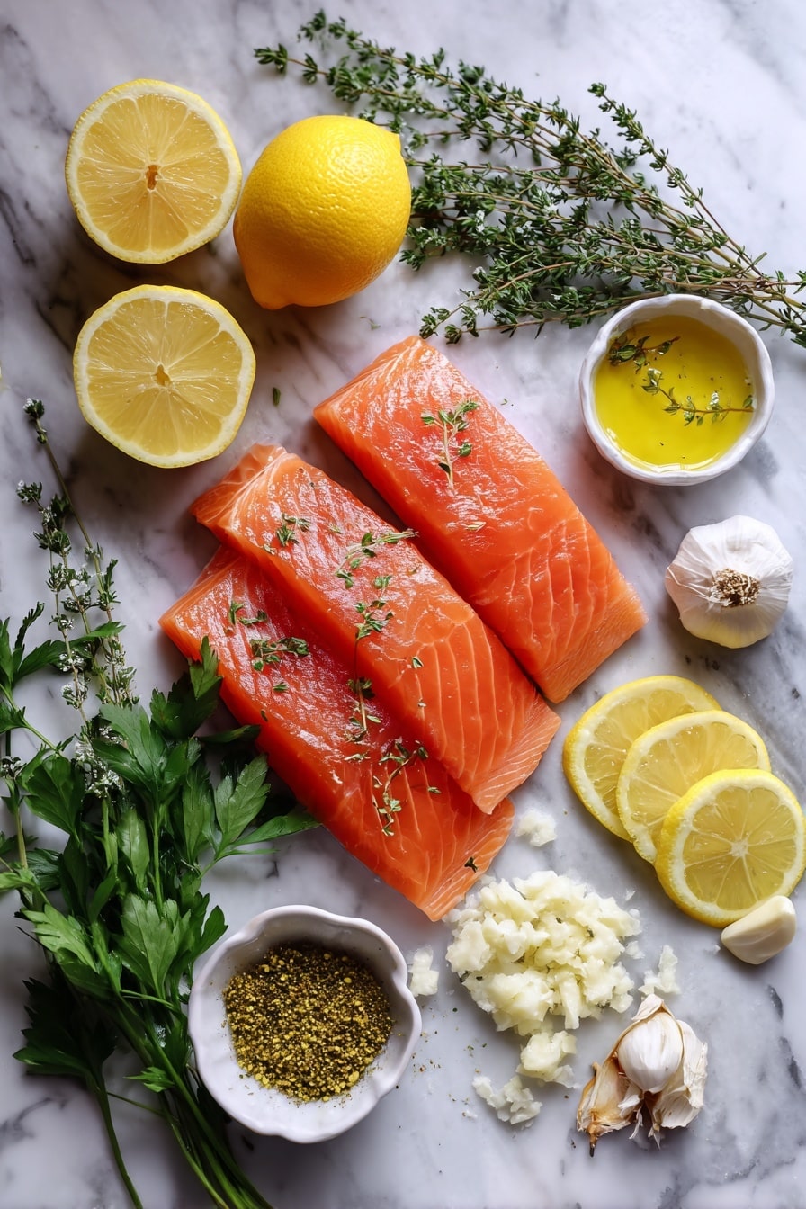 Flat lay of fresh pink salmon fillets, bright yellow lemon halves and thin lemon slices, vibrant green sprigs of parsley and thyme, small piles of minced garlic, and a scattering of dried Italian herb seasoning, all beautifully arranged with a drizzle of golden olive oil glistening on top, placed on a white marble surface, photo taken with an iphone --ar 2:3 --v 7 - Best Easy Healthy Baked Salmon, baked salmon with lemon and garlic, healthy seafood dinner, quick nutritious salmon recipe, simple baked salmon ideas