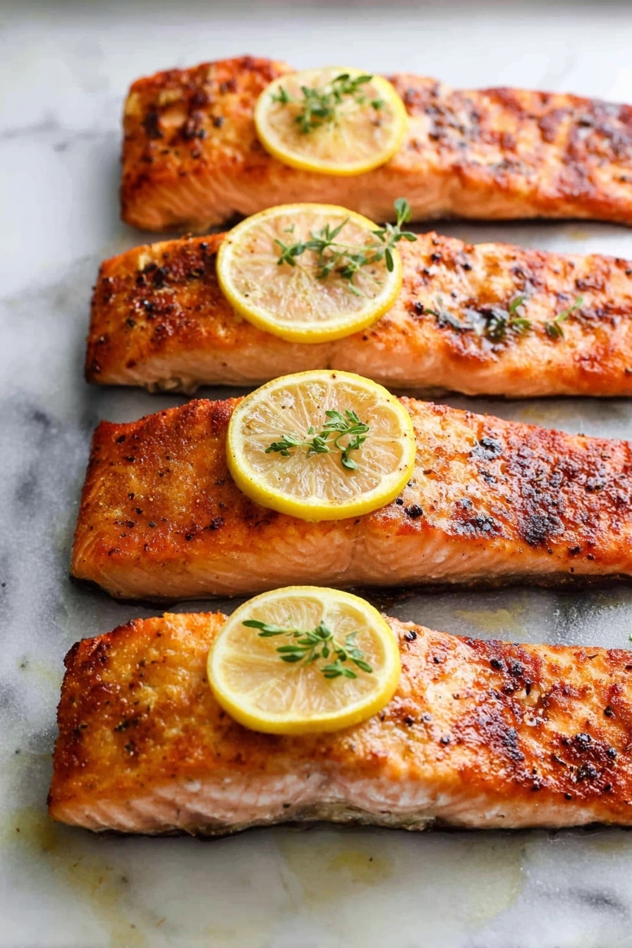 Four pieces of cooked salmon fillets are laid out in a row on a white marbled surface, each fillet having a crispy, golden-brown edge with a soft pink center. On top of the three middle fillets, there is a thin yellow lemon slice garnished with small sprigs of green herbs, adding a fresh touch. The fillets have a slightly flaky texture with small black and brown seasoning bits scattered across their surface, highlighting their seasoned and roasted look. The image shows a close-up view with good lighting to bring out the warm colors of the fish and the freshness of the lemon slices photo taken with an iphone --ar 2:3 --v 7 - Best Easy Healthy Baked Salmon, baked salmon with lemon and garlic, healthy seafood dinner, quick nutritious salmon recipe, simple baked salmon ideas