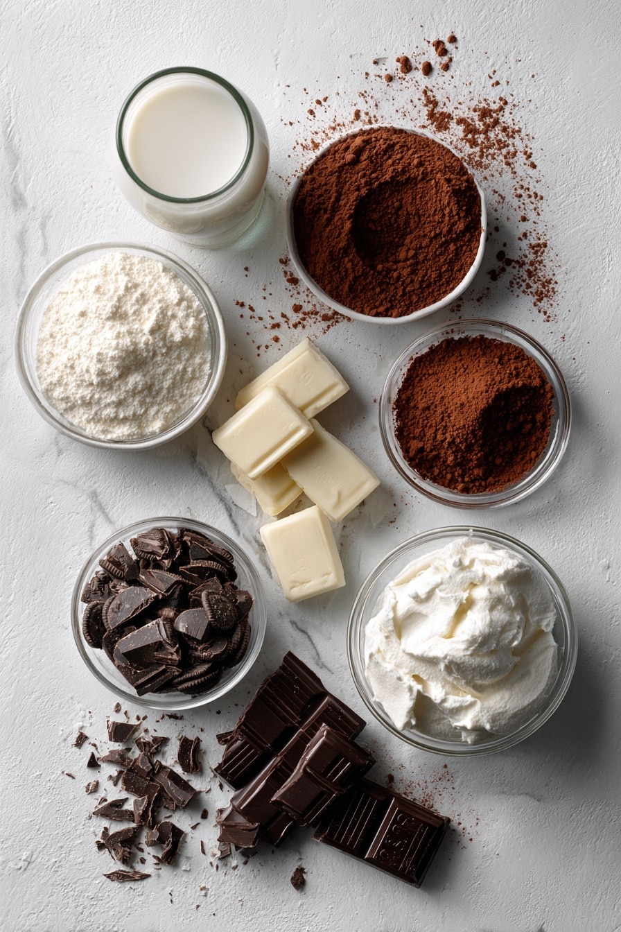 Flat lay of finely ground Oreo cookies, smooth creamy peanut butter, rich dark chocolate chunks, soft cream cheese, fluffy whipped cream, chopped peanut butter cups, whole milk in a small glass, and a dusting of unsweetened cocoa powder, all beautifully arranged for a food photography shot, placed on a white marble surface, photo taken with an iphone --ar 2:3 --v 7 - Chocolate Peanut Butter Pie, Chocolate Peanut Butter Pie Recipe, Easy Peanut Butter Pie, No-Bake Chocolate Pie, Instant Peanut Butter Dessert