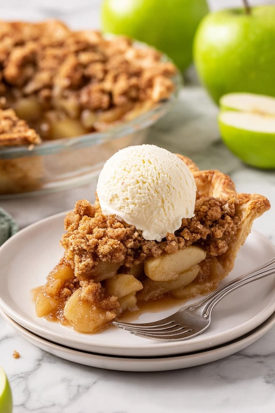 A slice of apple crumble pie is placed on a round white plate with a metal fork beside it. The pie slice has three visible layers: at the bottom, a golden-brown crust; in the middle, soft apple pieces coated with a glossy syrup; on top, a crumbly, brown sugar and cinnamon topping. A scoop of vanilla ice cream, creamy and slightly melting, rests on the crumble layer. The plate sits on a white marbled surface, with a whole pie in a clear dish and green apples, some whole and one cut in half, scattered around. Photo taken with an iphone --ar 2:3 --v 7 - Dutch Apple Pie, Apple Pie Recipe, Classic Apple Pie, Easy Apple Pie, Homemade Apple Pie