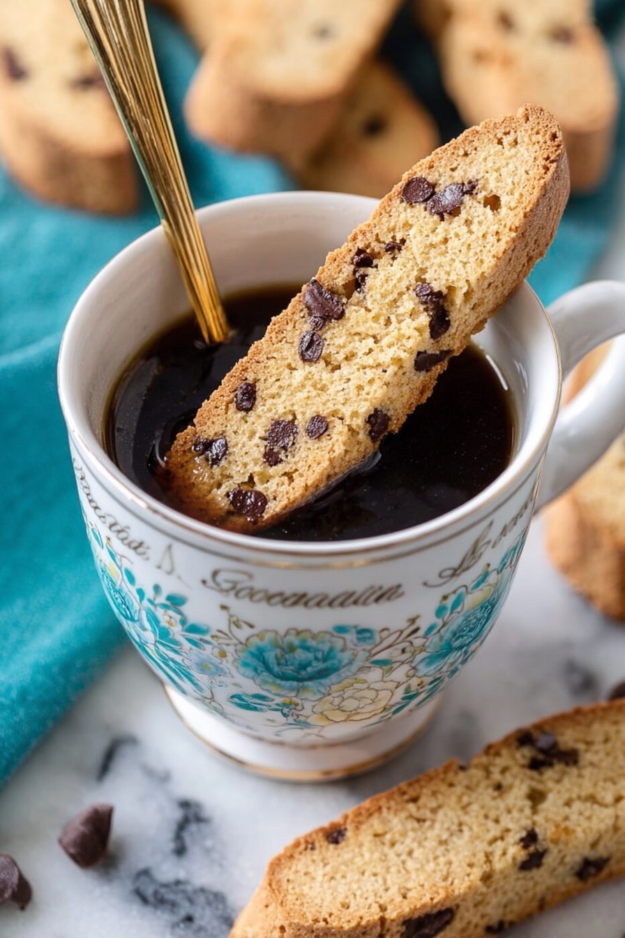 A close-up image shows a cup filled with dark coffee topped with a single long biscotti resting on the cup edge. The cup is white with blue-green floral designs and text, with a gold spoon inside. Around the cup, there is a white marbled surface with more biscotti scattered in the background, and a teal cloth underneath the cup. The biscotti is light golden with visible chocolate chips inside. photo taken with an iphone --ar 2:3 --v 7 - Chocolate Chip and Almond Biscotti, biscotti with chocolate chips and almonds, crunchy biscotti recipes, homemade almond biscotti, Coffee pairings with biscotti