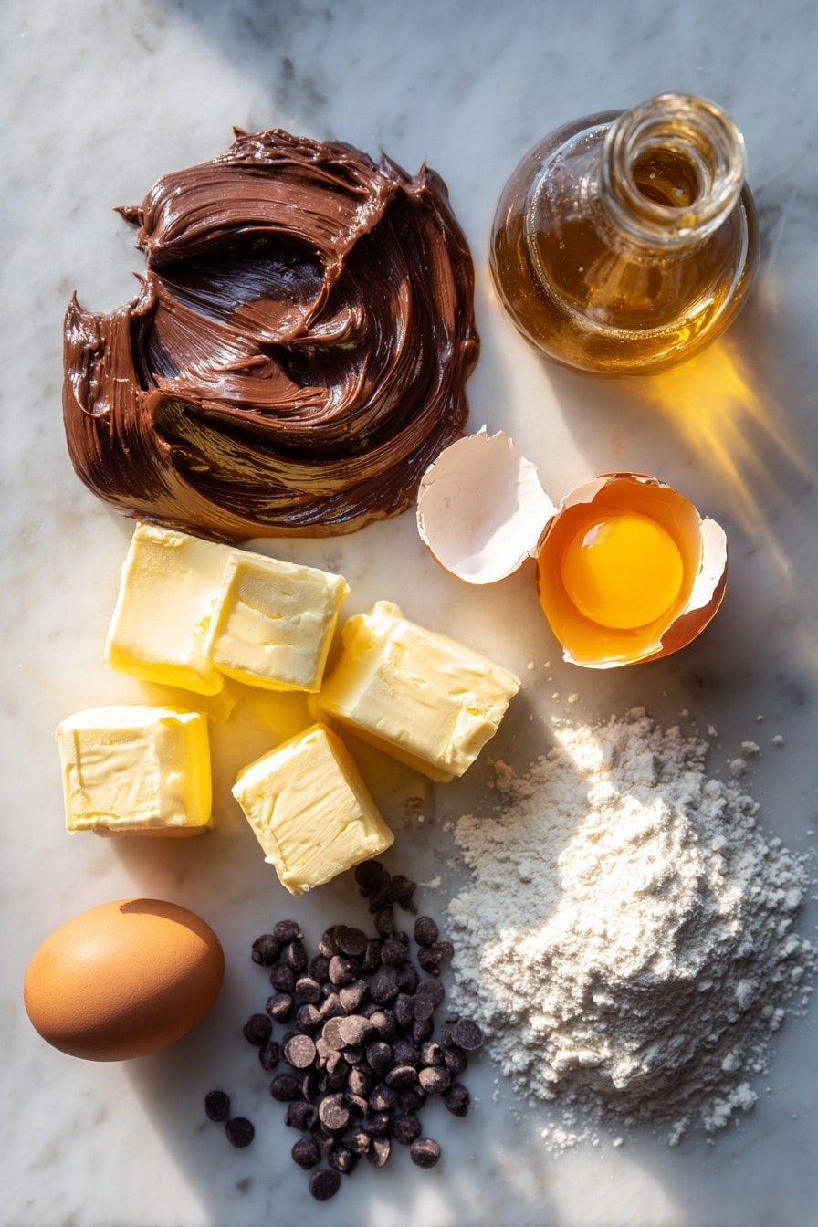 Flat lay of glossy, rich Nutella spread in a small heap, scattered dark chocolate chips, neatly cubed cold unsalted butter, a small mound of tightly packed brown sugar, a cracked open large egg with bright yolk visible, a bottle of golden honey, and a small heap of plain all-purpose flour, all artfully arranged with soft natural light highlighting their textures, placed on a white marble surface, photo taken with an iphone --ar 2:3 --v 7 - Nutella Stuffed Cookies, indulgent chocolate cookies, easy Nutella cookie recipe, molten Nutella dessert, chewy and crispy cookies