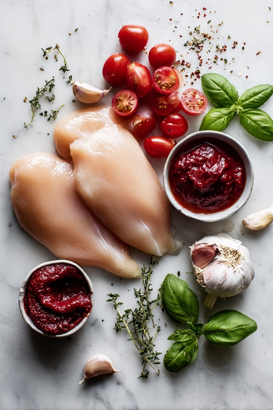 Flat lay of boneless skinless chicken breasts, a small bowl of thick heavy cream, vibrant red cherry tomatoes sliced in half, a rich dollop of deep red tomato paste, bright fresh basil leaves, whole garlic cloves, and a small pile of dried basil and thyme herbs artfully scattered, placed on a white marble surface, photo taken with an iphone --ar 2:3 --v 7 - Slow Cooker Creamy Tomato Basil Chicken, easy chicken dinner, healthy tomato basil chicken, comforting slow cooker chicken, creamy tomato chicken recipes