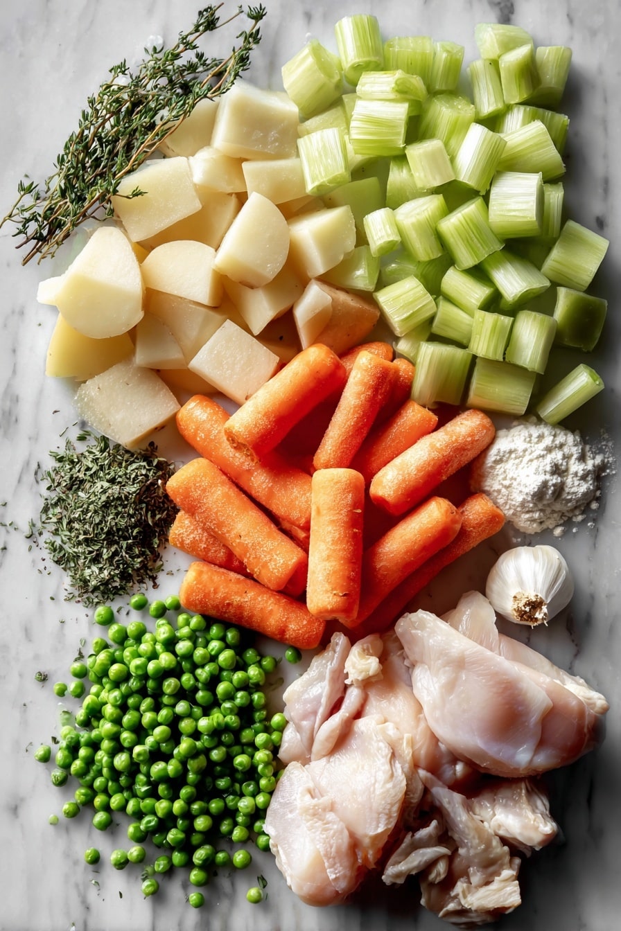 Flat lay of peeled and chopped large carrots, finely chopped celery ribs, peeled and diced medium potatoes, minced garlic cloves, fresh boneless skinless chicken breasts, frozen green peas, dried parsley and thyme herbs, and a small pile of all-purpose flour, arranged beautifully with bright natural light highlighting their colors and textures, placed on a white marble surface, photo taken with an iphone --ar 2:3 --v 7 - Crockpot Chicken and Dumplings, slow cooker chicken and dumplings, easy comfort food, hearty chicken stew, homemade dumplings