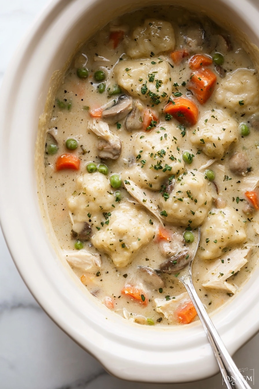 A close-up top view of a white slow cooker filled with thick, creamy chicken and vegetable stew. The stew has visible chunks of white chicken, soft carrots in bright orange, green peas, and tender mushrooms all mixed in a light beige sauce, which looks rich and smooth. There are several small, light dumplings scattered throughout, with finely chopped green herbs sprinkled on top for texture. A silver spoon is partially inserted into the stew, resting near the edge of the slow cooker, with some of the stew on it. The slow cooker sits on a white marbled surface. photo taken with an iphone --ar 2:3 --v 7 - Crockpot Chicken and Dumplings, slow cooker chicken and dumplings, easy comfort food, hearty chicken stew, homemade dumplings