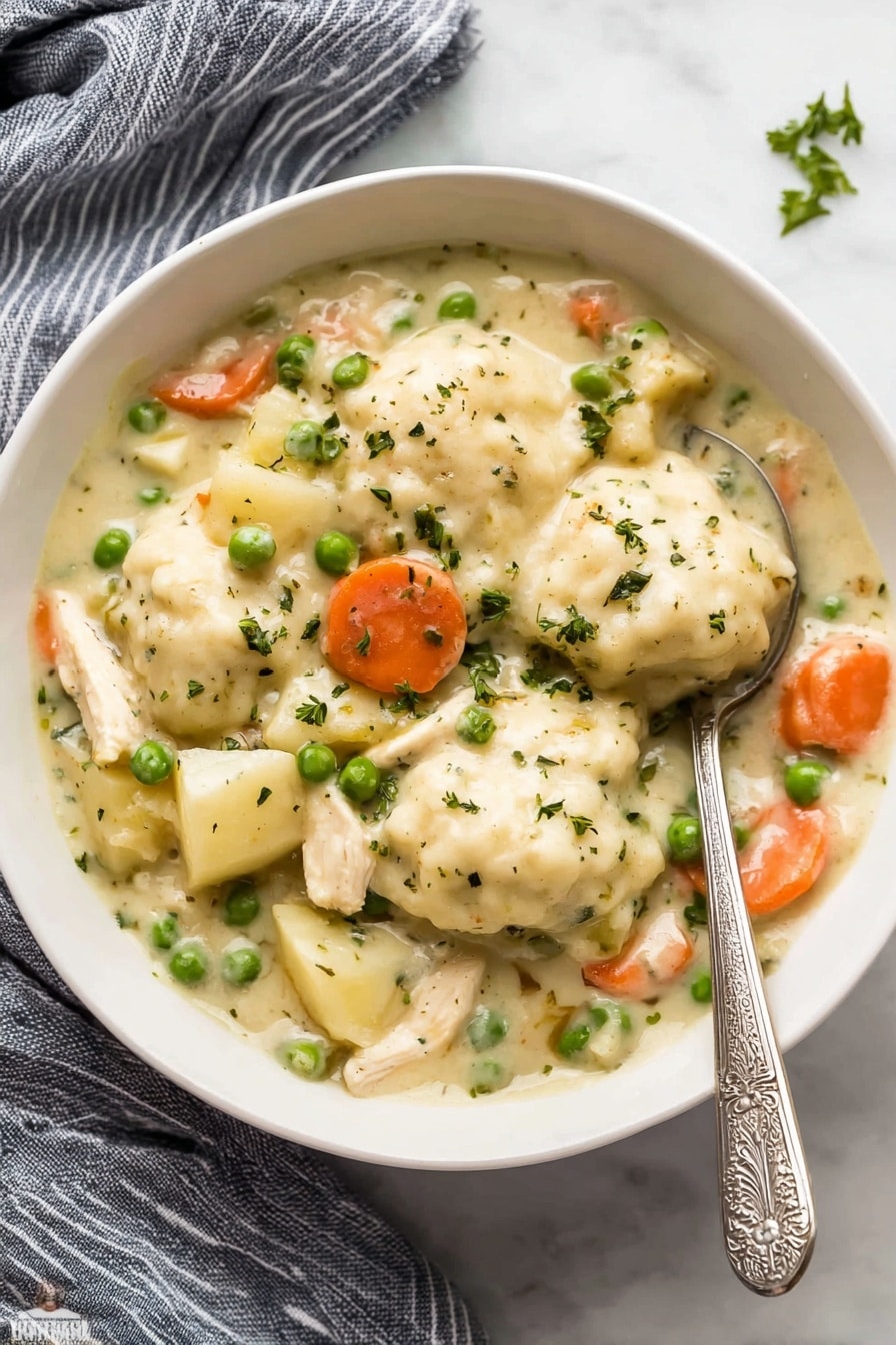 A white bowl filled with creamy chicken and vegetable stew, showing thick, white biscuit dumplings on top, surrounded by soft orange carrot slices, bright green peas, light tan potato chunks, and pieces of white chicken in a smooth, pale cream sauce with herbs sprinkled on top. A silver spoon with a decorated handle rests inside the bowl on the right side, partially scooping some dumplings and veggies. The bowl sits on a folded grey and white striped cloth, all placed on a white marbled surface. Photo taken with an iphone --ar 2:3 --v 7 - Crockpot Chicken and Dumplings, slow cooker chicken and dumplings, easy comfort food, hearty chicken stew, homemade dumplings