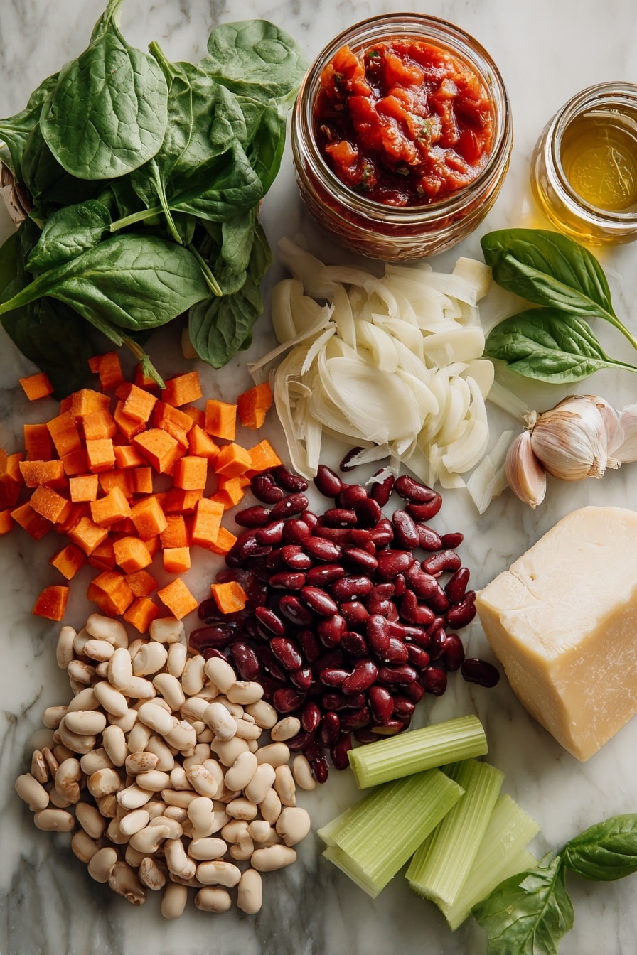 Flat lay of dried cranberry beans spilling gently beside diced bright orange carrots, sliced pale green celery stalks, a large chopped golden onion, thinly sliced cloves of garlic arranged like delicate petals, a vibrant jar of diced red tomatoes with juice, fresh dark green baby spinach leaves fanned out nearby, a wedge of Parmigiano-Reggiano cheese with a chunk of rind resting beside it, and a few fresh basil leaves scattered artfully, placed on a white marble surface, photo taken with an iphone --ar 2:3 --v 7 - Cranberry Bean Soup, hearty bean soup recipe, comforting soup with cranberries, easy vegetarian soup, nourishing cranberry bean dish