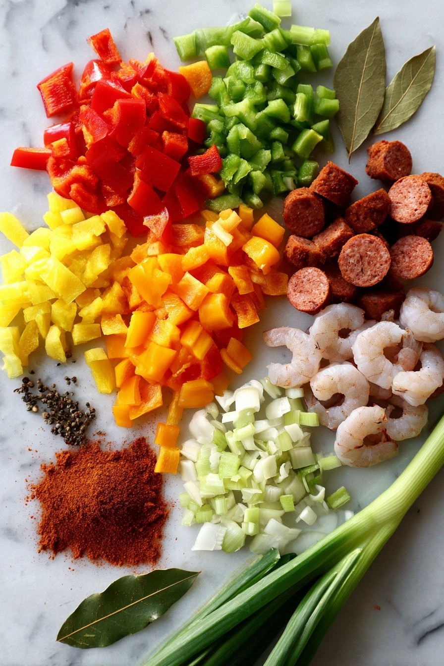 Flat lay of diced red, green, yellow, and orange bell peppers, chopped celery stalks, minced garlic cloves, sliced andouille sausage, raw pink shrimp, fresh scallions, bay leaves, and a small pile of reddish-brown roux powder, arranged beautifully with vibrant colors and textures, placed on a white marble surface, photo taken with an iphone --ar 2:3 --v 7 - New Orleans Gumbo with Shrimp and Sausage, Creole gumbo recipe, hearty Cajun stew, spicy seafood gumbo, authentic gumbo with roux